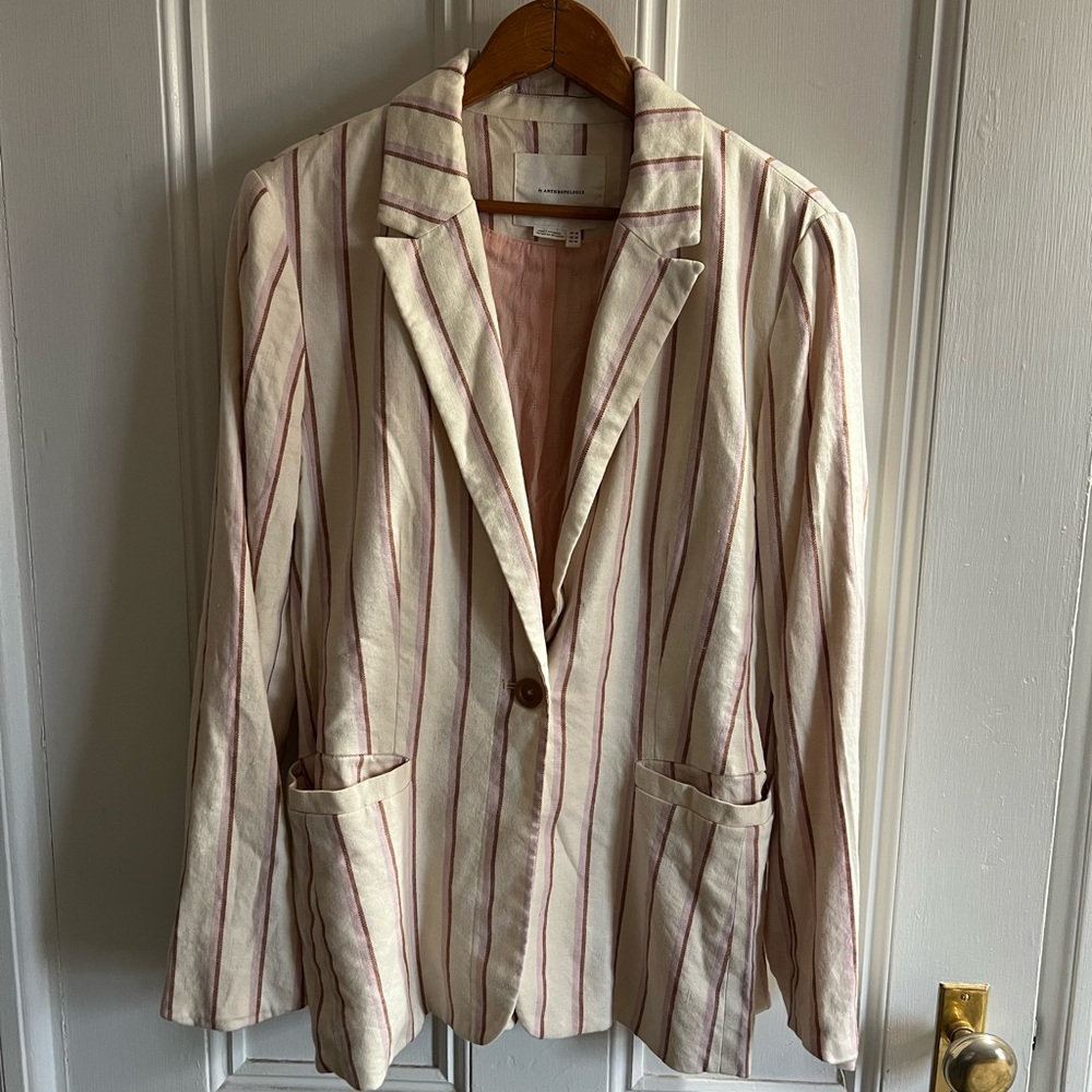 Anthropologie Striped Cream and Pink Women's Blazer WMs Size 12